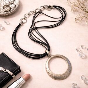 Premier Designs Hammered Silver and Leather Cord Asymmetrical Necklace